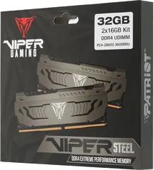Память DDR4 2x16GB 3600MHz Patriot PVS432G360C8K Viper Steel RTL Gaming PC4-28800 CL18 DIMM 288-pin 1.35В single rank с радиатором Ret